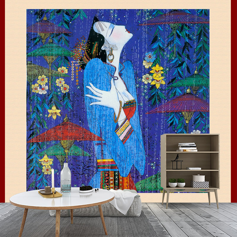 Picasso Style Asian Woman Mural Blue-Green Classical Wall Covering for Living Room