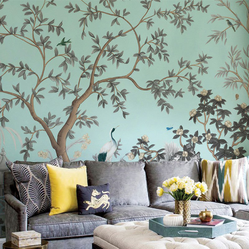 Asian Tree Mural Wallpaper for Bedroom Decoration Custom Wall Art in Pastel Color