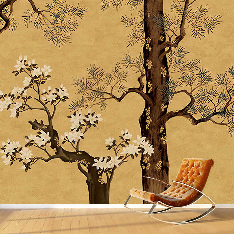 Yellow Oriental Wallpaper Murals Large Pine Branch and Flower Print Wall Art for Family Room