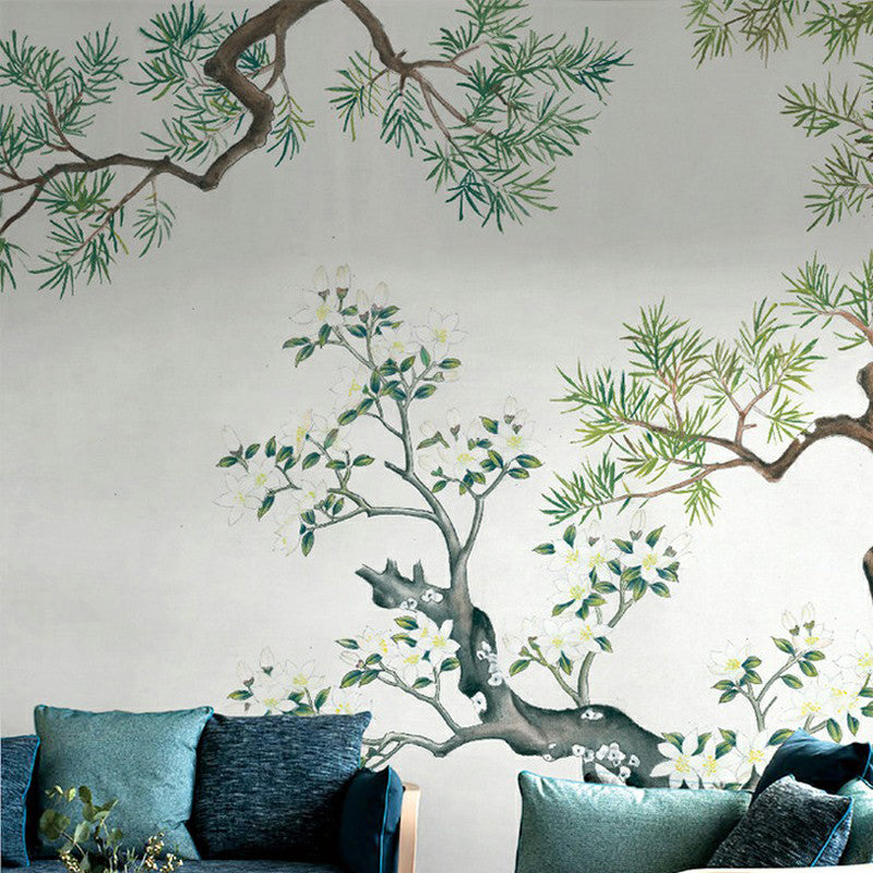 Yellow Oriental Wallpaper Murals Large Pine Branch and Flower Print Wall Art for Family Room