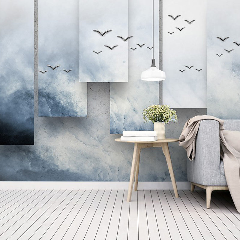 Tropical Sea Gulls Wallpaper Mural Royal Blue-White Stain Resistant Wall Decor for Bedroom