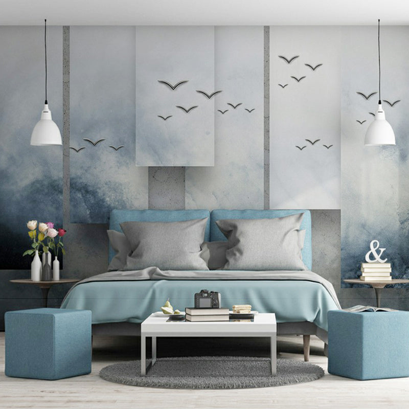 Tropical Sea Gulls Wallpaper Mural Royal Blue-White Stain Resistant Wall Decor for Bedroom