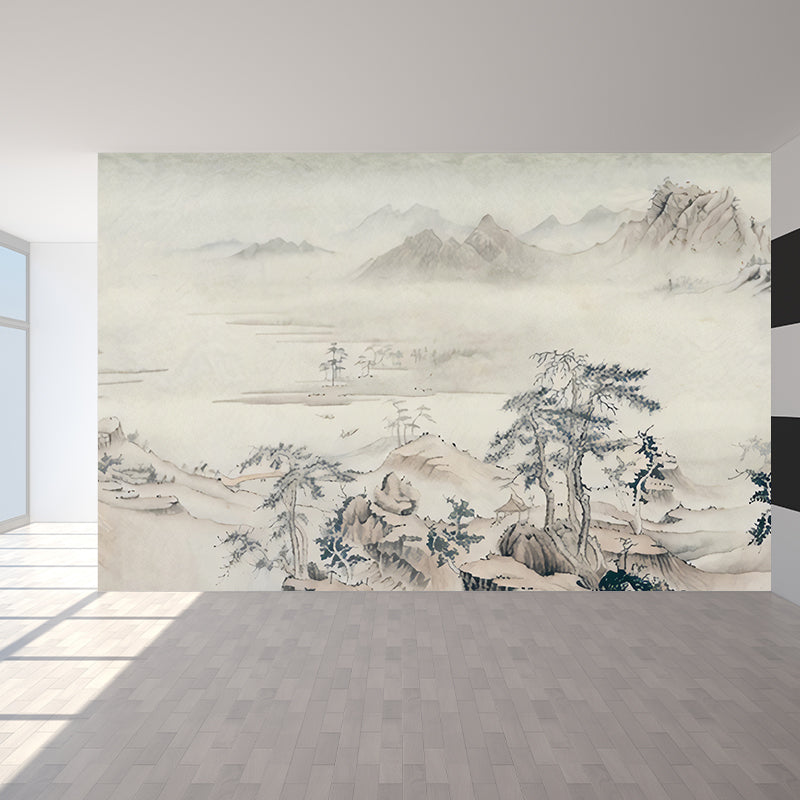 Asian Pine Tree Wall Murals for Home Decor Custom Wall Covering in Grey-Light Yellow