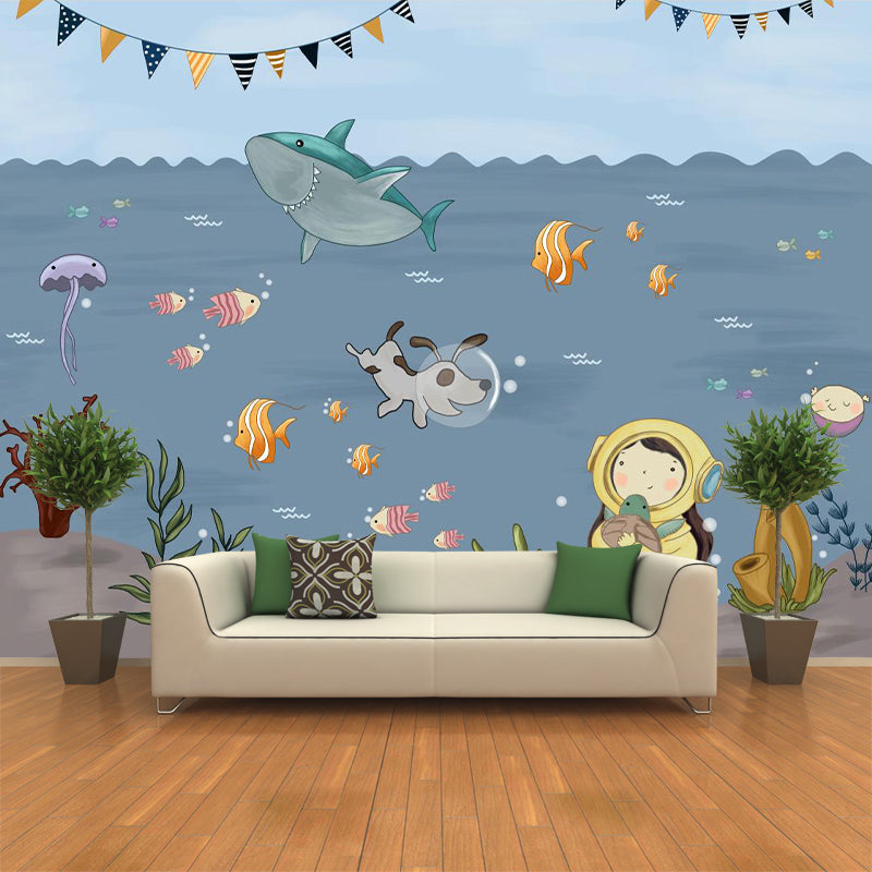 Boys Undersea Adventure Murals Grey and Blue Cartoon Wall Decoration for Childrens Bedroom