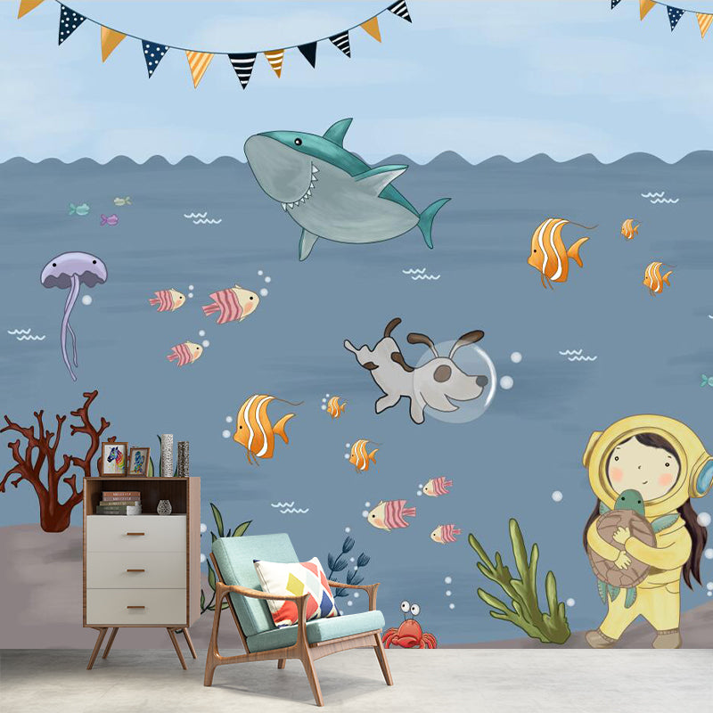 Boys Undersea Adventure Murals Grey and Blue Cartoon Wall Decoration for Childrens Bedroom