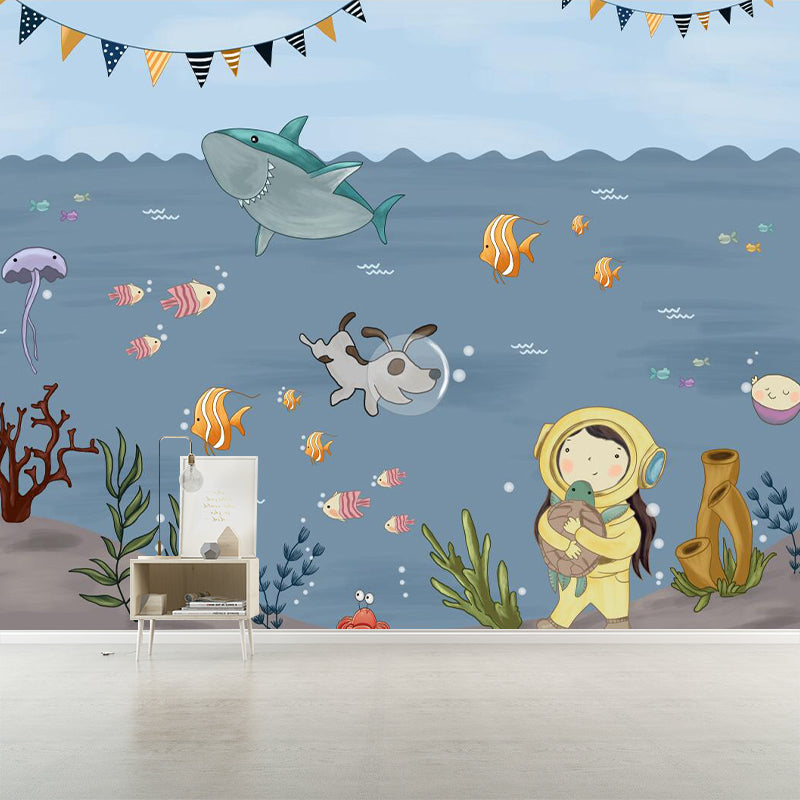 Boys Undersea Adventure Murals Grey and Blue Cartoon Wall Decoration for Childrens Bedroom