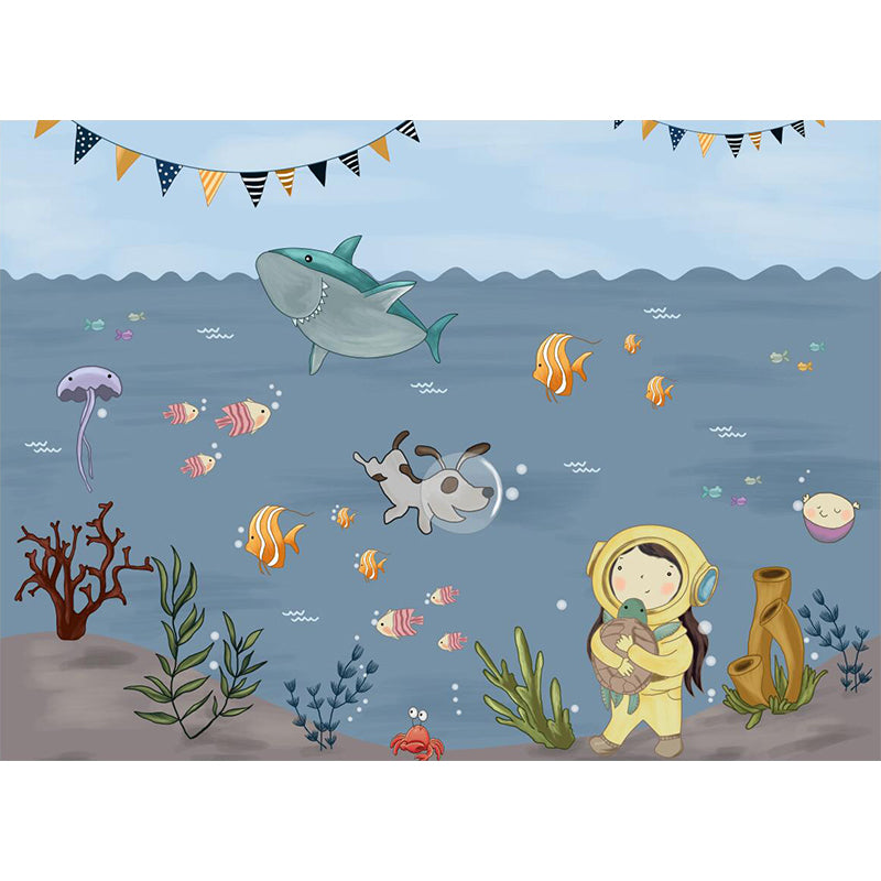 Boys Undersea Adventure Murals Grey and Blue Cartoon Wall Decoration for Childrens Bedroom