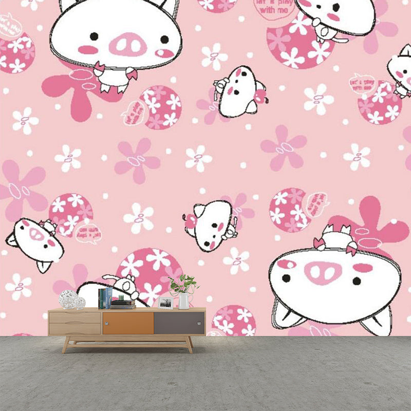 Pink Cat and Pig Murals Cartoon Childrens Art Stain-Proof Wall Covering for Baby Room