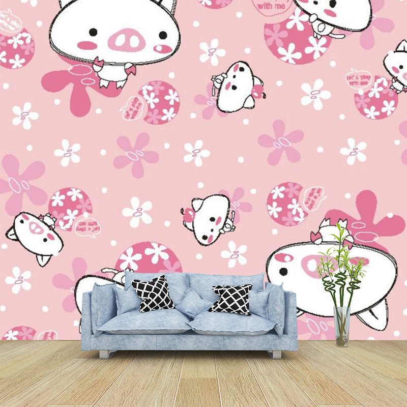 Pink Cat and Pig Murals Cartoon Childrens Art Stain-Proof Wall Covering for Baby Room