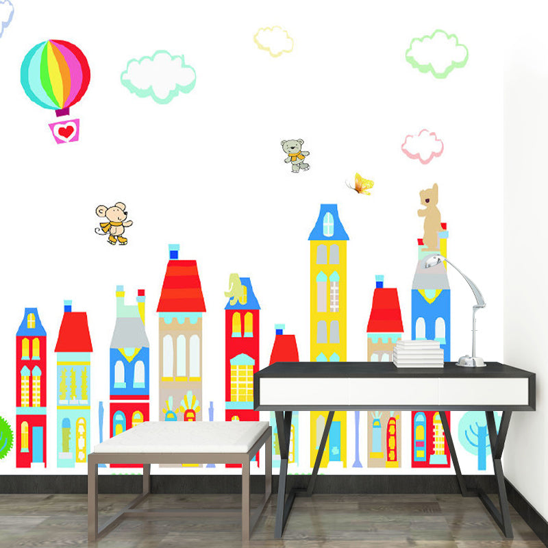 Cartoon Fantasy Houses Wall Mural Pastel Color Stain-Resistant Wall Decor for Kindergarten