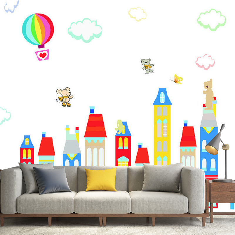 Cartoon Fantasy Houses Wall Mural Pastel Color Stain-Resistant Wall Decor for Kindergarten