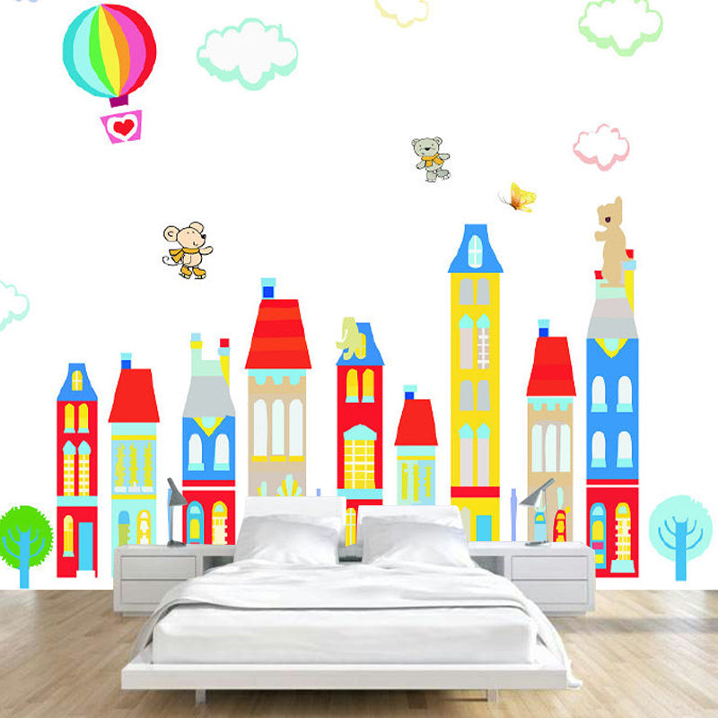 Cartoon Fantasy Houses Wall Mural Pastel Color Stain-Resistant Wall Decor for Kindergarten