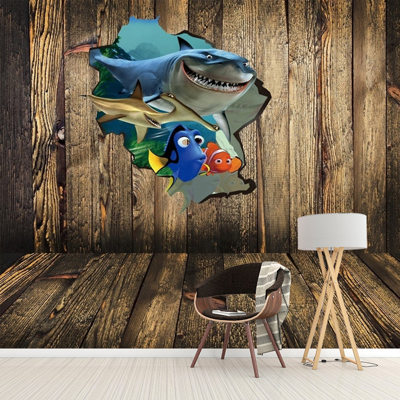 Cartoon Kids Wallpaper Murals with Tropical Fish Outside the Cabin Pattern Brown Wall Art