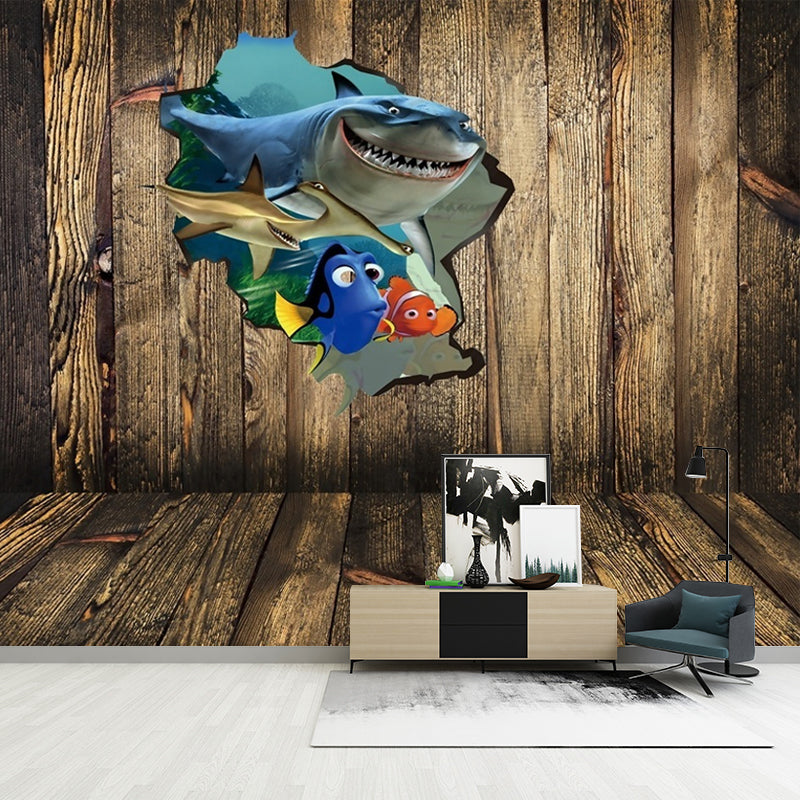 Cartoon Kids Wallpaper Murals with Tropical Fish Outside the Cabin Pattern Brown Wall Art