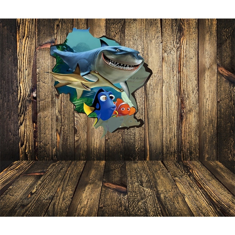 Cartoon Kids Wallpaper Murals with Tropical Fish Outside the Cabin Pattern Brown Wall Art