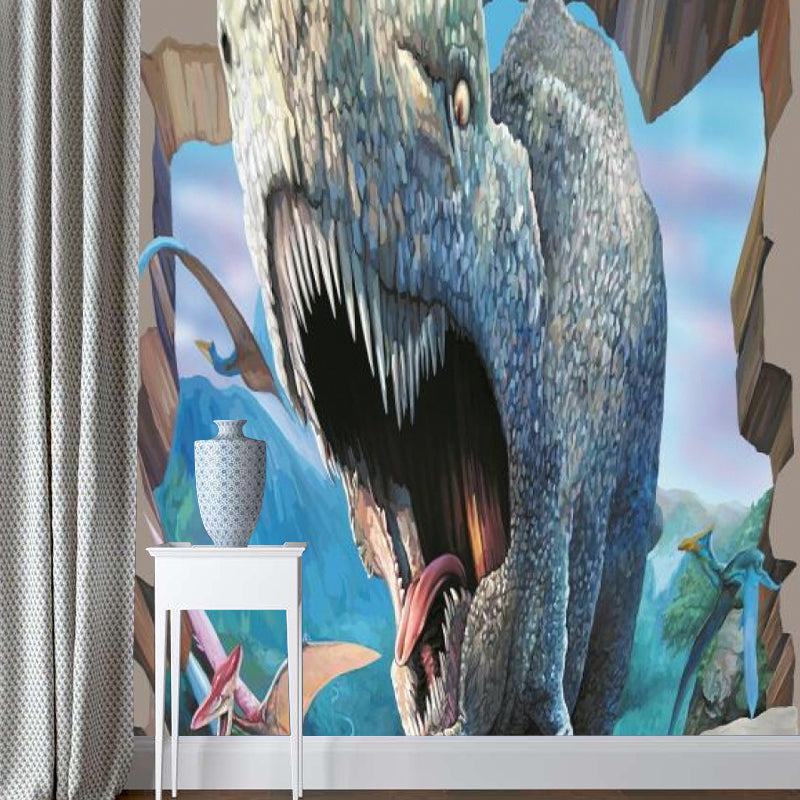 Childrens Art Roaring Dinosaur Mural for Boys Bedroom Personalized Wall Art in Blue-Brown