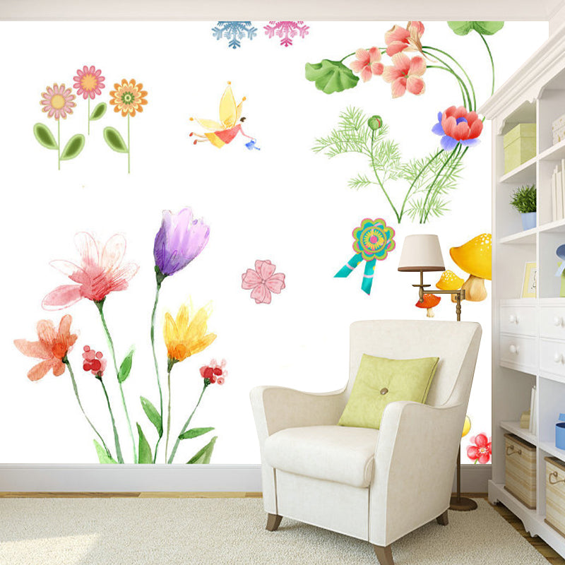 Cartoon Fairy and Flowers Mural Non-Woven Stain Proof Colorful Wall Covering for Child Room