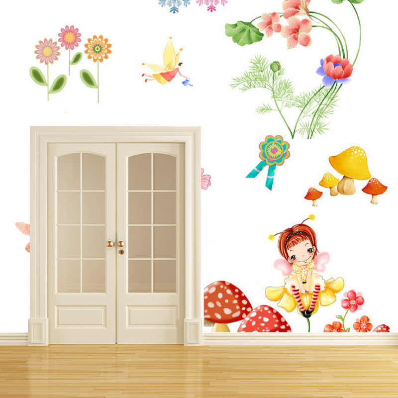 Cartoon Fairy and Flowers Mural Non-Woven Stain Proof Colorful Wall Covering for Child Room