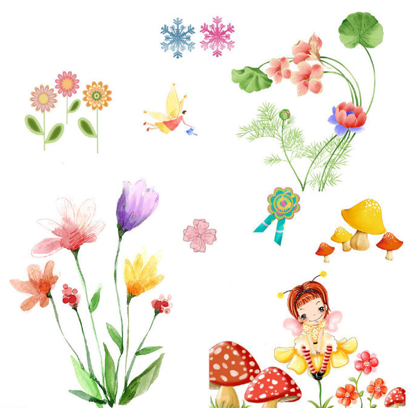 Cartoon Fairy and Flowers Mural Non-Woven Stain Proof Colorful Wall Covering for Child Room