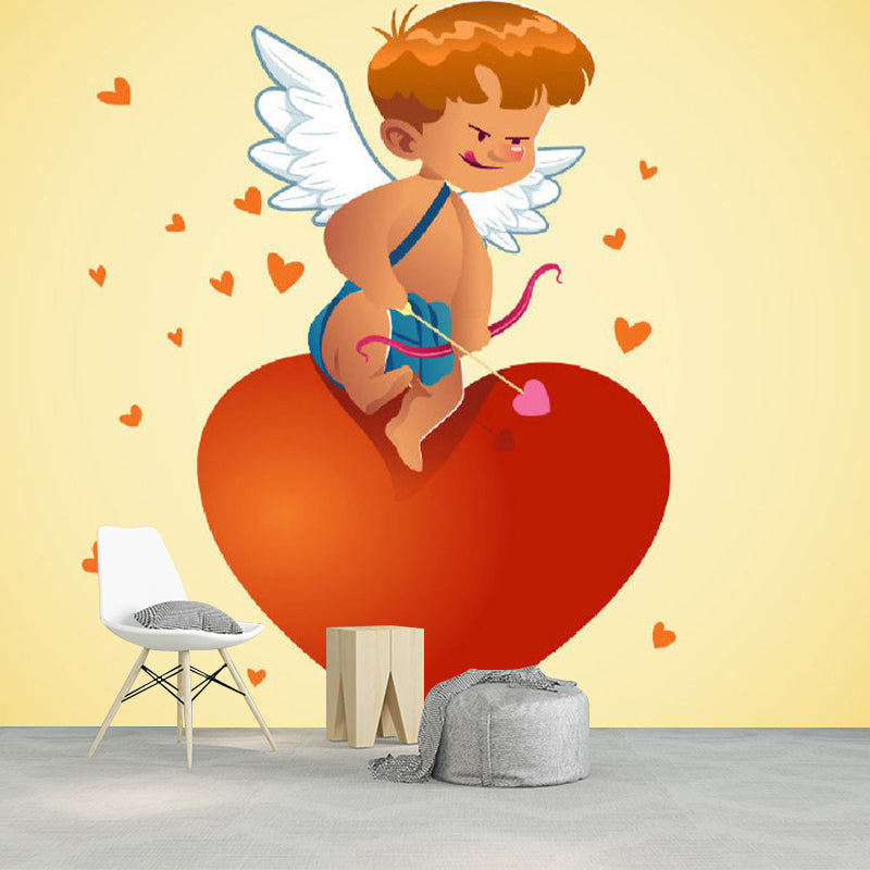 Full Size Cartoon Character Murals Childrens Art Cute Cupid Boy Wall Art in Red-Yellow