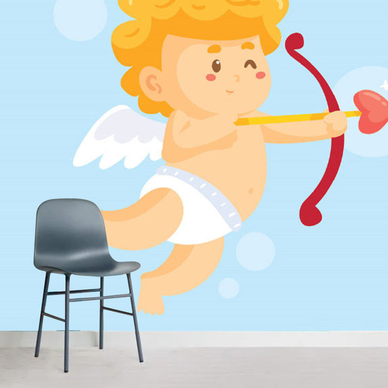 Yellow Baby Cupid Wallpaper Murals Cartoon Childrens Art Waterproof Wall Decor on Blue for Bedroom