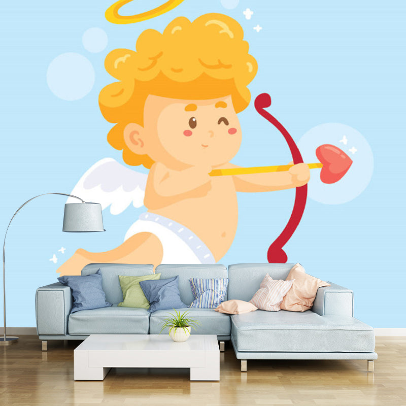 Yellow Baby Cupid Wallpaper Murals Cartoon Childrens Art Waterproof Wall Decor on Blue for Bedroom