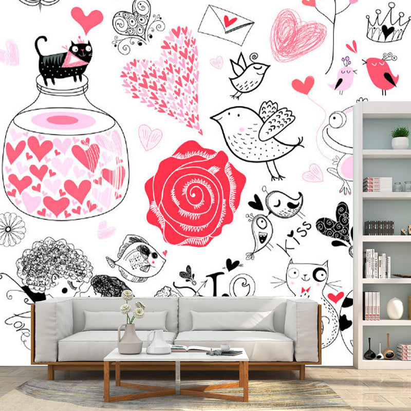 Hand-Print Cartoon Character Murals Childrens Art Smooth Wall Covering in Black-Pink