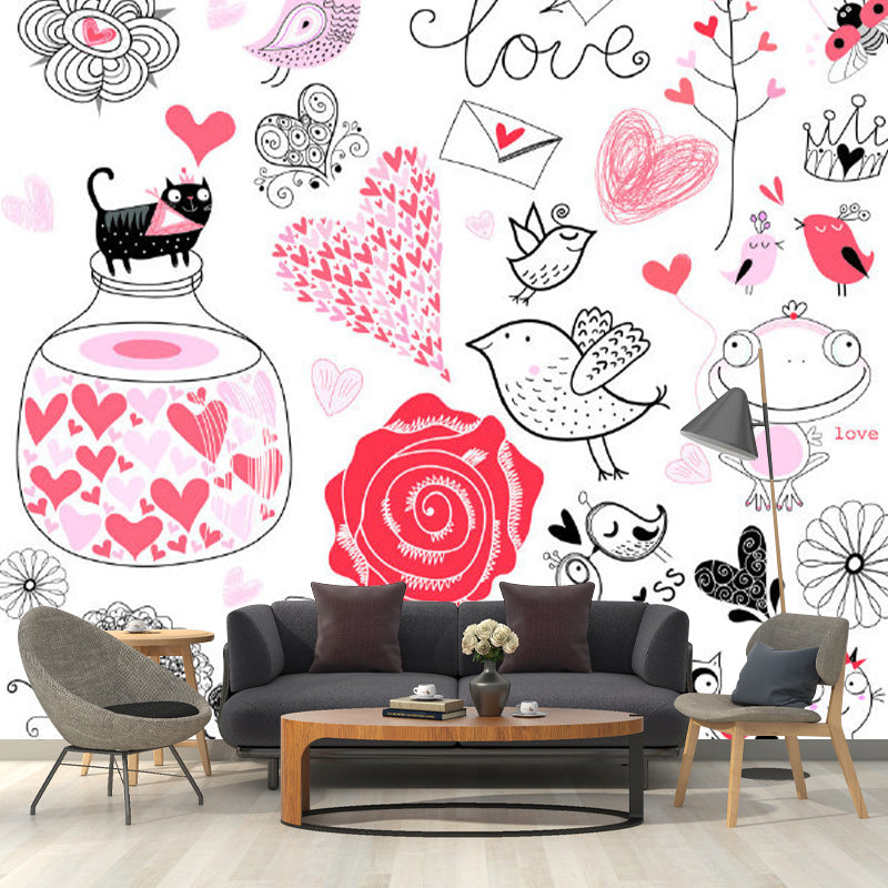 Hand-Print Cartoon Character Murals Childrens Art Smooth Wall Covering in Black-Pink