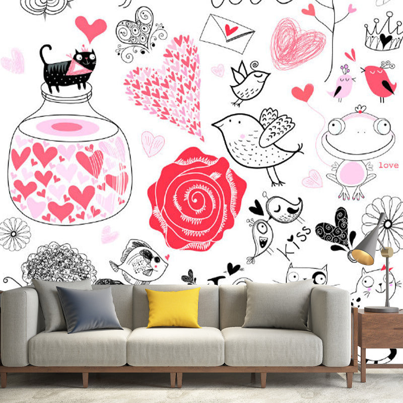 Hand-Print Cartoon Character Murals Childrens Art Smooth Wall Covering in Black-Pink