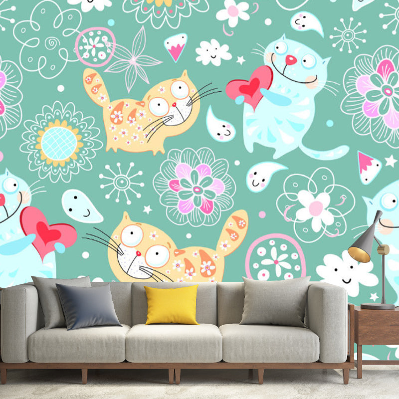 Full Size Cartoon Wall Murals Yellow and Blue Kitten Wall Covering, Custom Size Available