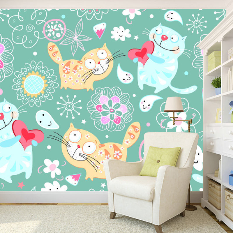 Full Size Cartoon Wall Murals Yellow and Blue Kitten Wall Covering, Custom Size Available