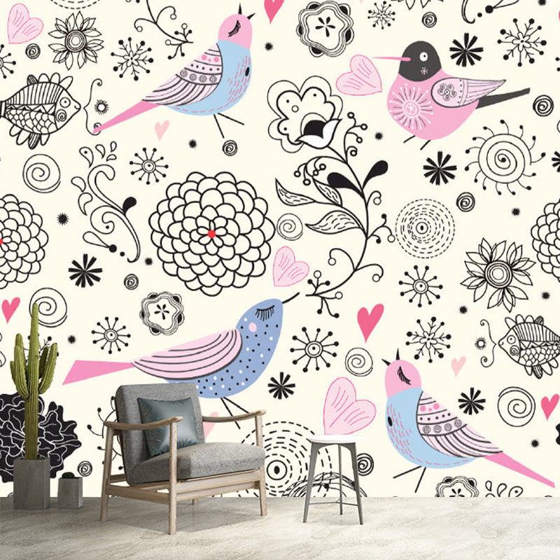 Large Bird and Flower Mural Black-Pink Non-Woven Wall Art, Stain Resistant, Personalized Size