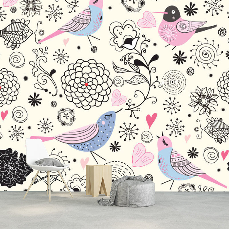 Large Bird and Flower Mural Black-Pink Non-Woven Wall Art, Stain Resistant, Personalized Size