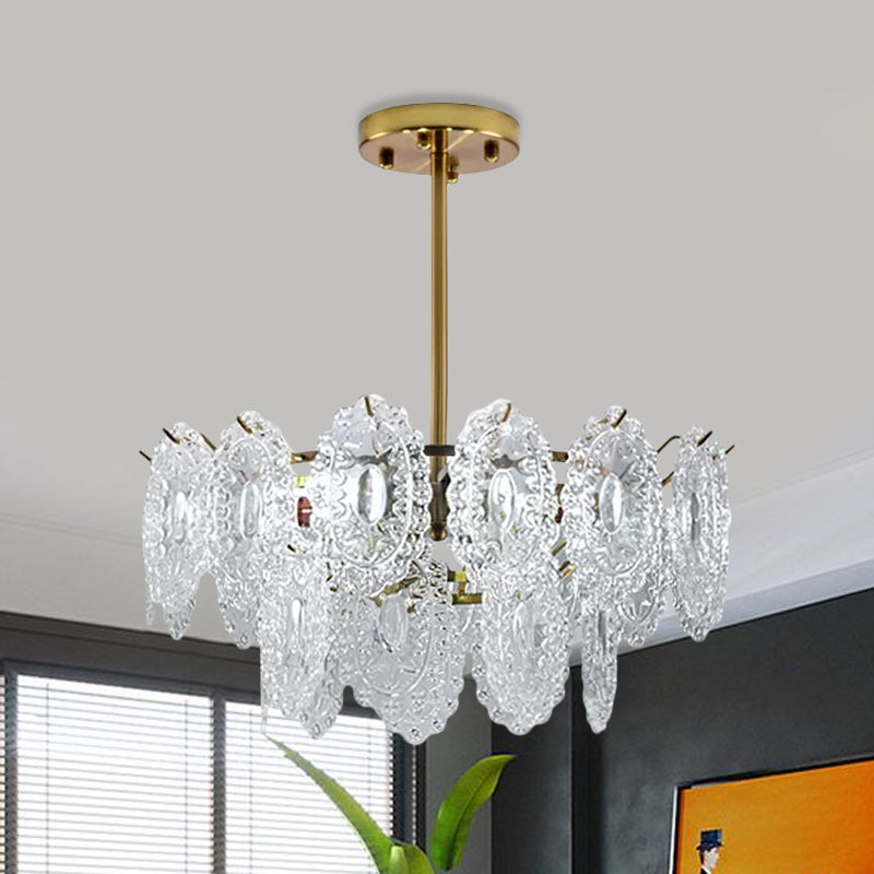 Layered Bedroom Chandelier Lamp Modern Clear Scalloped Glass 4/6 Bulbs Gold Hanging Light Fixture