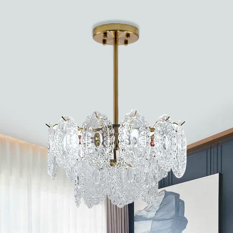 Layered Bedroom Chandelier Lamp Modern Clear Scalloped Glass 4/6 Bulbs Gold Hanging Light Fixture