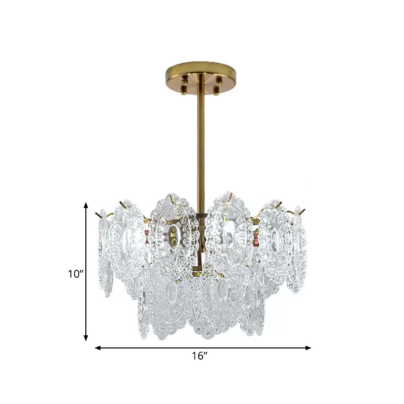 Layered Bedroom Chandelier Lamp Modern Clear Scalloped Glass 4/6 Bulbs Gold Hanging Light Fixture