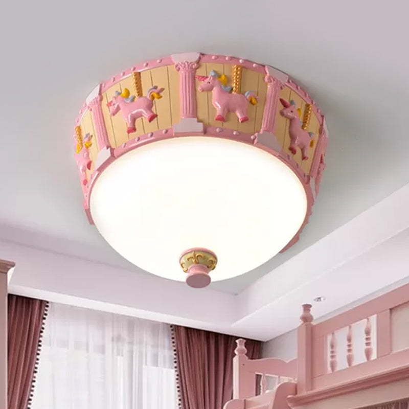 Resin Dome Flush Mount Light Kids Pink/Green LED Flushmount with Carousel Pattern in White/Warm Light