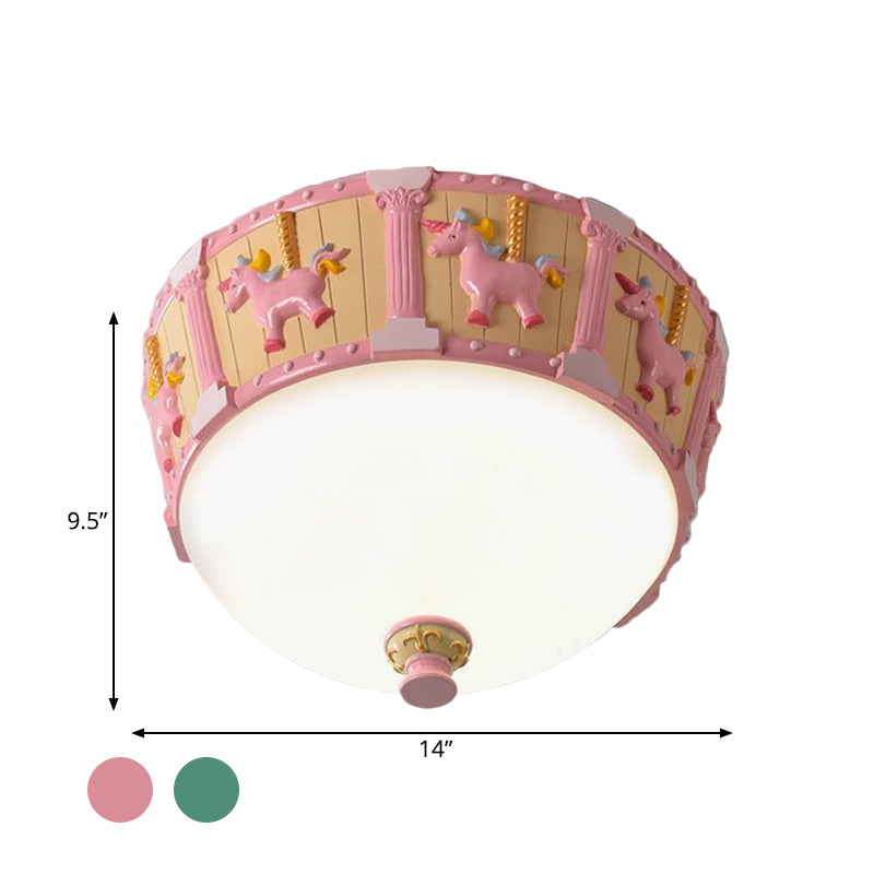 Resin Dome Flush Mount Light Kids Pink/Green LED Flushmount with Carousel Pattern in White/Warm Light