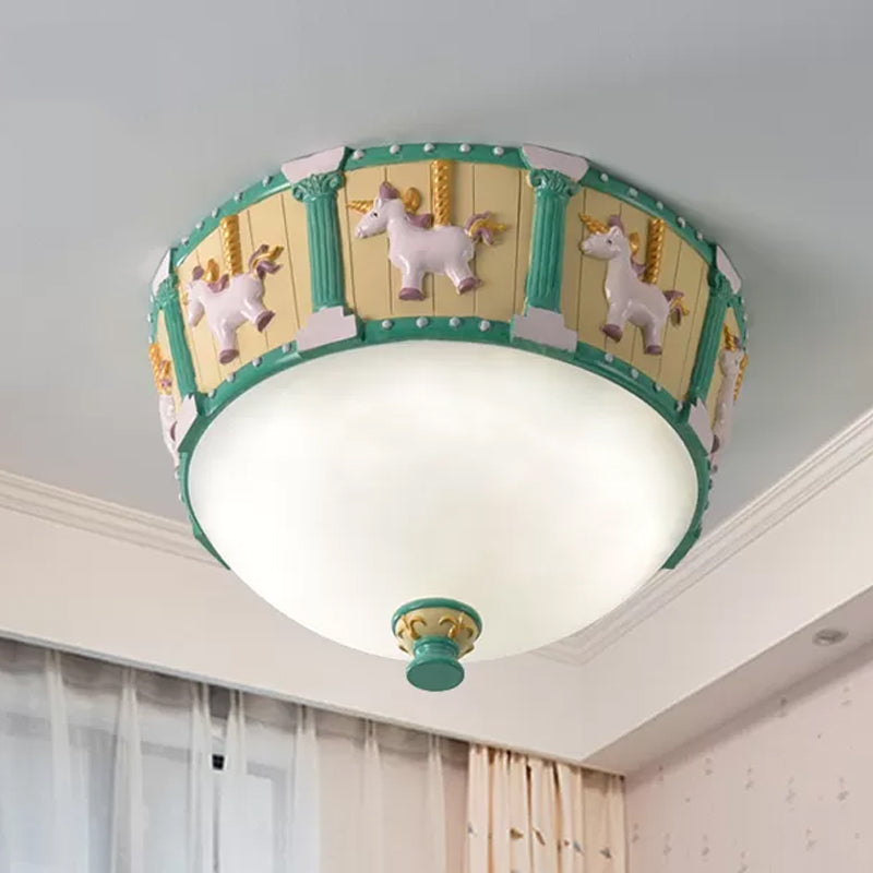 Resin Dome Flush Mount Light Kids Pink/Green LED Flushmount with Carousel Pattern in White/Warm Light