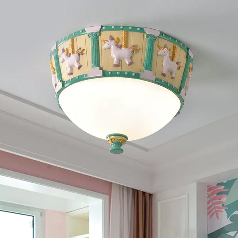 Resin Dome Flush Mount Light Kids Pink/Green LED Flushmount with Carousel Pattern in White/Warm Light