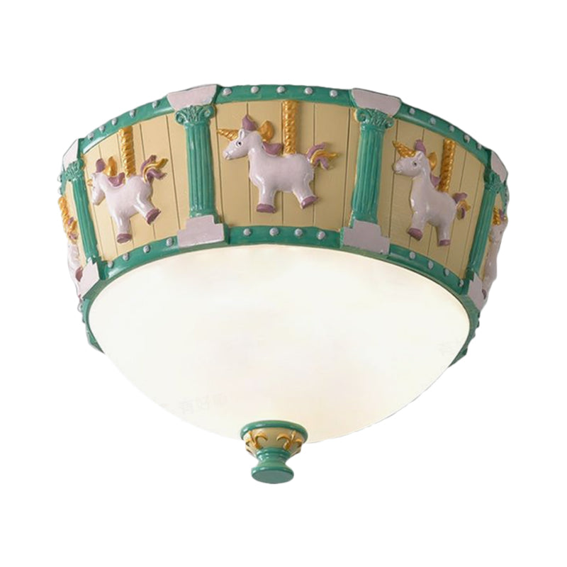 Resin Dome Flush Mount Light Kids Pink/Green LED Flushmount with Carousel Pattern in White/Warm Light