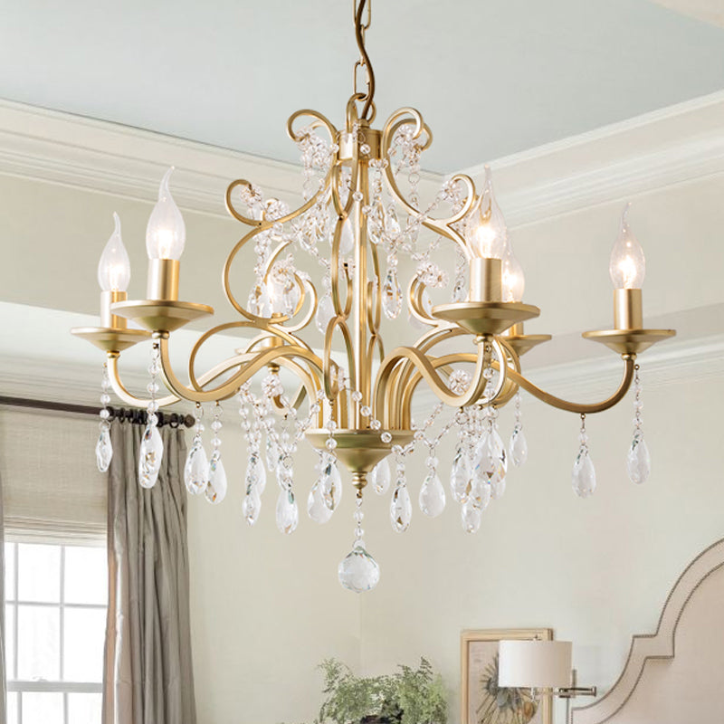 Champagne Candlestick Hanging Light Traditional Crystal 3/6 Bulbs Restaurant Chandelier with Swirl Element