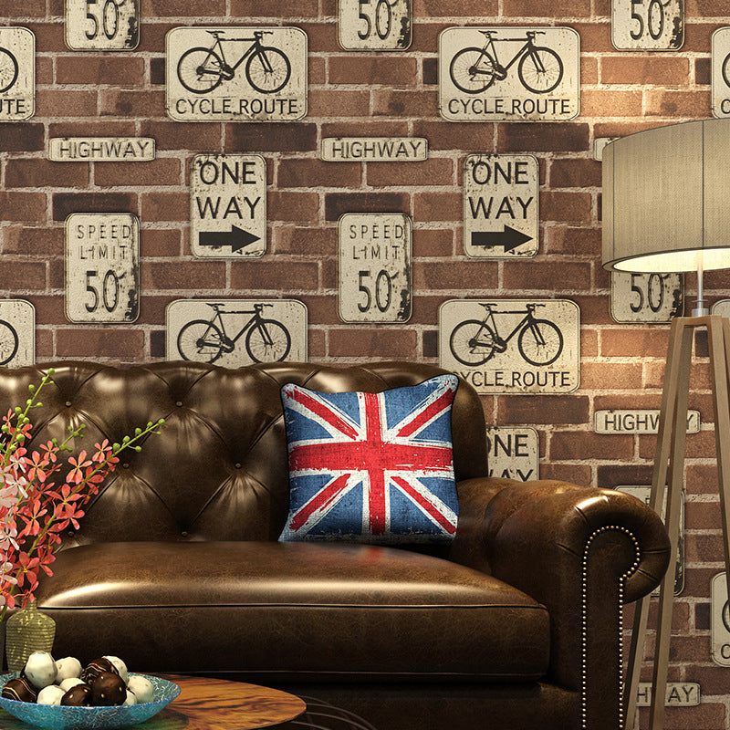 Brown Industrial Wallpaper 57.1-sq ft Traffic Sign and Brick Print Wall Covering for Bar