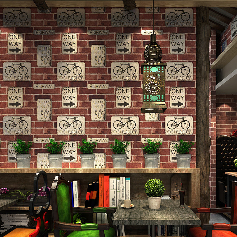 Brown Industrial Wallpaper 57.1-sq ft Traffic Sign and Brick Print Wall Covering for Bar