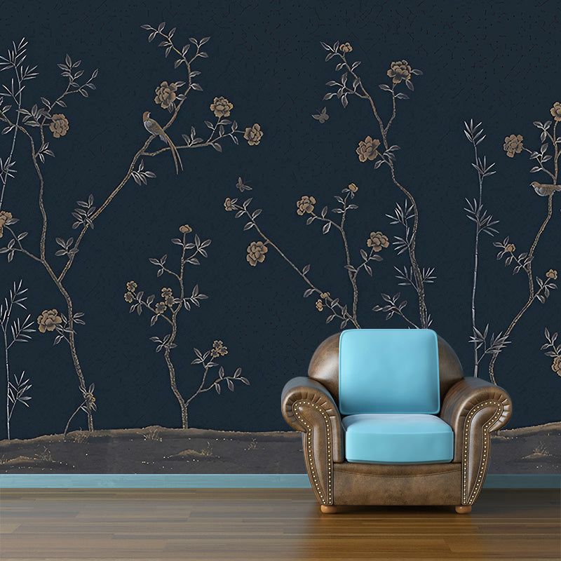 Dark Blue Chinese Wall Mural Large Flower Field Patterned Wall Art for Bedroom Decor