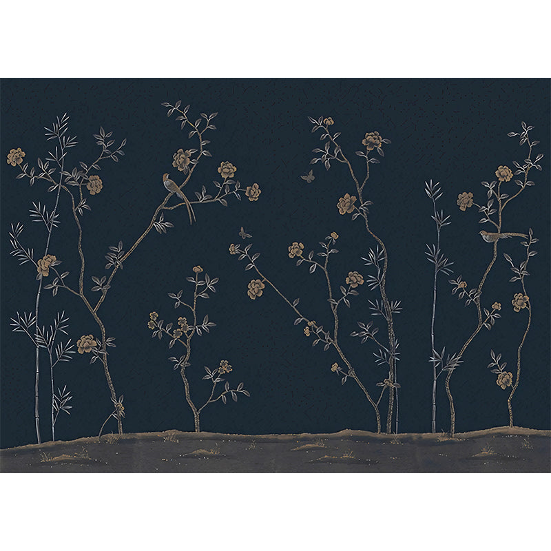 Dark Blue Chinese Wall Mural Large Flower Field Patterned Wall Art for Bedroom Decor