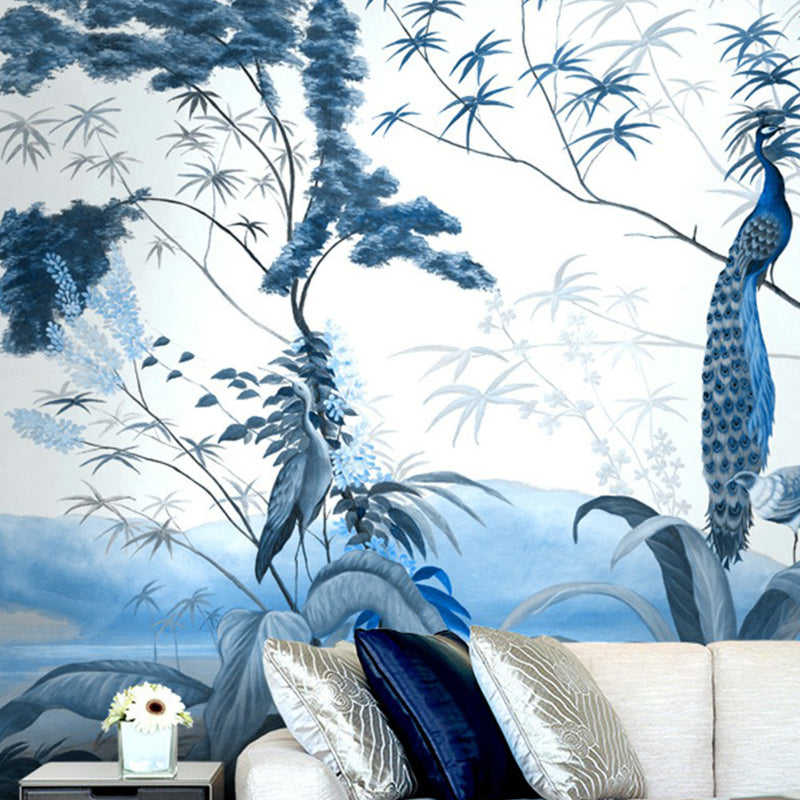 Illustration Peacock Wall Paper Murals for Bedroom, Pastel Color, Personalized Size