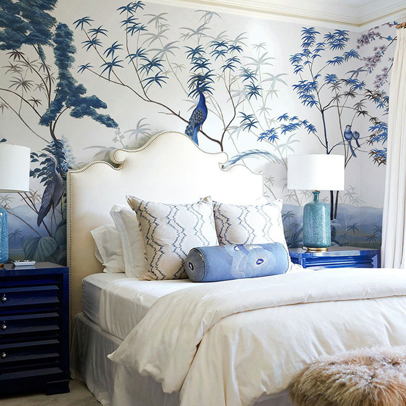 Illustration Peacock Wall Paper Murals for Bedroom, Pastel Color, Personalized Size