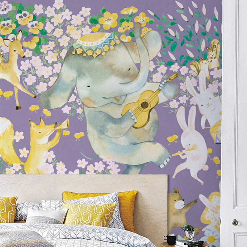 Cartoon Animal Orchestra Wall Murals Childrens Art Smooth Wall Decoration in Purple