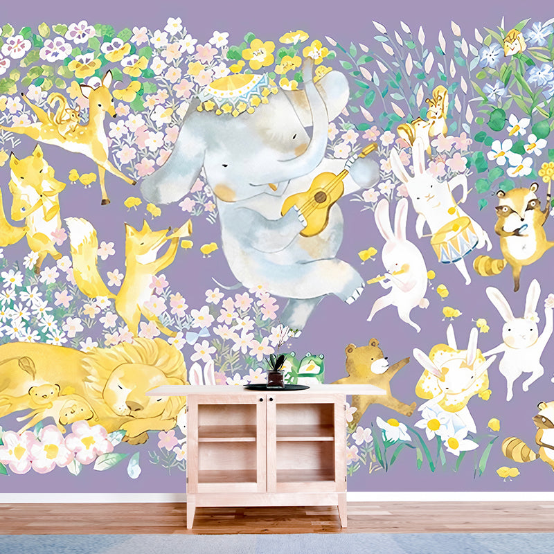 Cartoon Animal Orchestra Wall Murals Childrens Art Smooth Wall Decoration in Purple